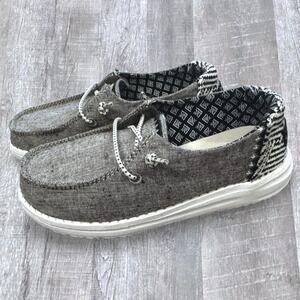 HeyDude Wendy Woven Chambray Onyx Shoe NEW Girls K11 Slip On Grey Black White